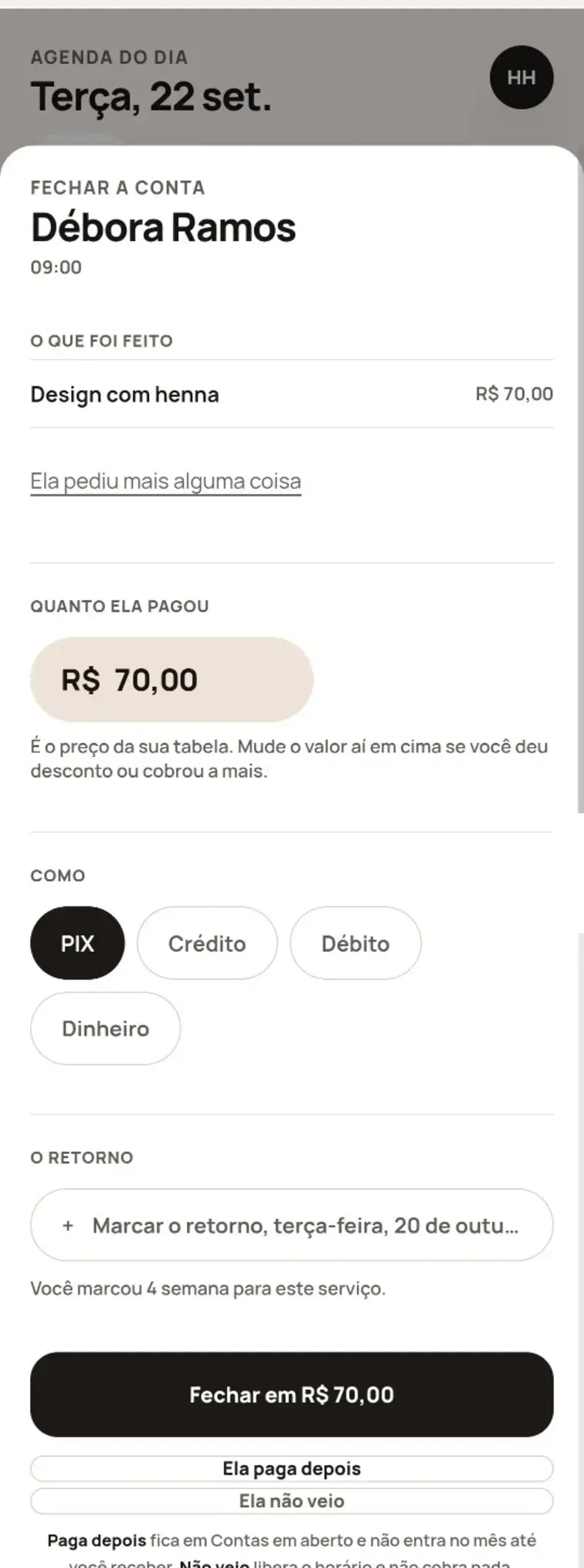 A tela de fechar a conta, com o valor, as formas de pagamento e o retorno sugerido