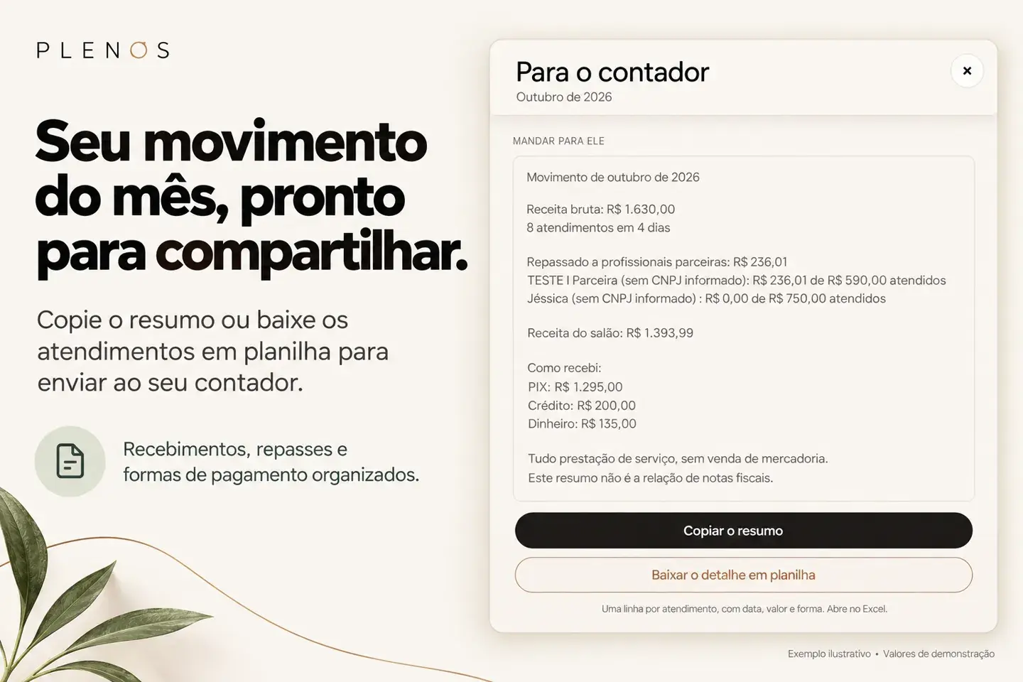 Seu movimento do mês, pronto para compartilhar. Copie o resumo ou baixe os atendimentos em planilha para enviar ao seu contador.